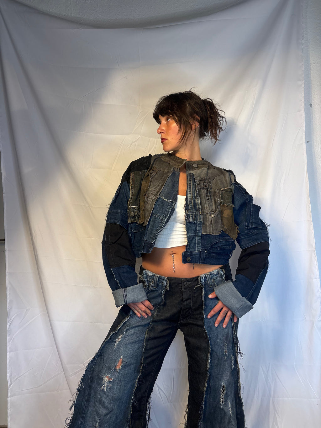 CROPPED BIKER DARK DENIM / BLACK SPG JACKET