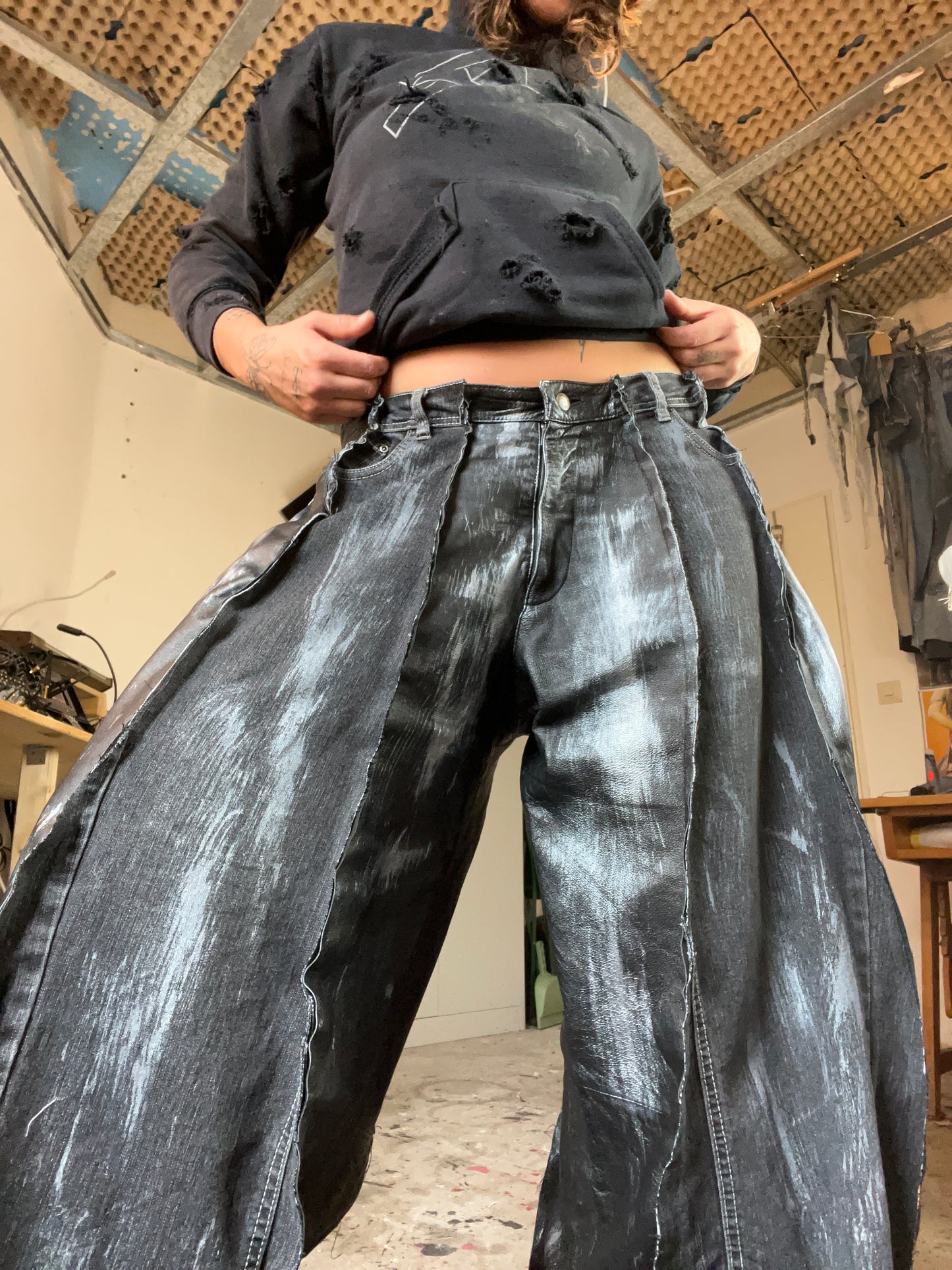 Baggy Black Leather/Denim Silver SPG Pants